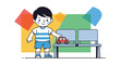 © Ujang - Happy Boy Playing with Toy Car on Waiting Room Bench, Colorful Shapes