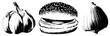 © Rysak - This stippled collection features a juicy burger, a single garlic clove, and a whole bulb of garlic or stinking rose. Detailed dotwork textures define these food elements.