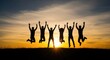 © Aethera - Joyful Silhouettes of Friends Jumping Together Against a Vibrant Sunset Sky
