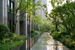 © Mailva - Residential building with lush garden path and reflecting pool in an urban landscape featuring sharp focus for real estate marketing