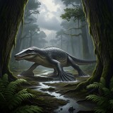 Prehistoric reptile walking through a misty primeval forest.
