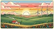 © youns - Stylized rural farmland illustration showing barns, silos, tractor, wind turbines, fields, and rising sun landscape.