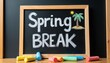 © miss irine - Chalkboard displays Spring Break text with palm tree and sun drawing. Colorful chalk sticks rest on wooden surface. Vacation, fun, and relaxation are suggested.