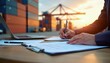 © miss irine - Man in suit reviews documents at port desk. Laptop open, pen in hand, writes on paperwork. Shipping containers and cranes form background at sunset.