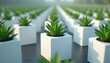 © miss irine - Green plants grow in neat rows within white cube pots. Organized indoor garden shows sustainable farming, modern design. Healthy sprouts fill minimalist planters, indicating future urban agriculture.