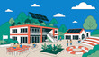 © ehsanollah - Very beautiful eco-friendly green school with rooftop gardens, solar panels, outdoor classrooms, and sustainable educational spaces in modern vector illustration style.