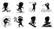 © 21graphic - Children Sport Activities Glyphs. Set of Black and White Silhouette Icons: Soccer, Skateboarding, Golf, Swimming, Tennis, Snowboarding, Surfing, Gymnastics.