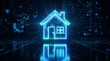 © Provas Chandra - Digital Home Security: A glowing neon outline of a house, representing a smart home or digital security system, shines brightly against a dark.