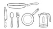 © Fatima - Outline vector illustration of fundamental kitchen utensils and cooking appliances, featuring frying pans, cutlery, and an electric kettle, ideal for culinary themes