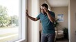 © PREEDA - Stressed man headache standing by window hand on head casual clothing indoor natural light emotional health wellness mental health African American home interior daytime