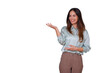 © Komora - Woman presenting product, showing blank space for text, smiling and gesturing, transparent background for easy integration