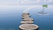 © Sussa Mgt - Stepping stones lead across calm ocean water to a sketched tropical island paradise