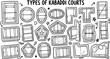© monack - Sports Court Layouts Doodle: Hand-Drawn Black and White Line Art Illustrating Various Kabaddi Court Types and Game Field Designs.