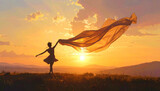 Woman dancing with flowing fabric silhouette at sunset against orange sky