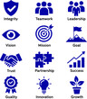 © al - Create a Core Values Business Solid Icons for Company Culture featuring Integrity Teamwork Leadership Vision Mission Goal Trust Partnership Success Quality Innovation and Growth vector art.