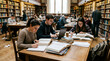 © logonv - Student group studying in university library. Young woman and man using computer and textbook for academic research. Intellectual work, education, knowledge, and collective learning concept.