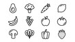 © Noman - Set of 12 Minimalist Fruit and Vegetable Line Icons Including Avocado, Broccoli, Carrot, Lemon, Banana, Grapes, Apple, Tomato, Mushroom, Spinach, Bell Pepper, and Strawberry for Healthy Food Design.
