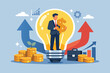 © Jhangeer - Businessman Standing Inside a Light Bulb Holding a Dollar Sign Representing Innovative Business Ideas, Financial Growth, Investment Success, Creative Strategy, and Wealth Generation Concept