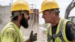 © Olga Ко - Side view of angry diverse construction workers in hard hats arguing and yelling face to face at building site. Workplace conflict, stress and project delay concept.