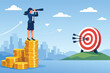 © Zain - Businesswoman Standing on Stack of Gold Coins Looking Through Telescope at Target Goal Concept of Financial Success Investment Strategy Visionary Leadership Career Growth and Business Achievement