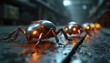 © Maryna - Metallic robotic insects with glowing orange eyes move on a wet industrial surface. Advanced cyborg bugs crawl in a line on dark ground with reflective puddles. Future tech swarm moves forward.