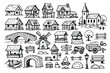 © Md Asadullah Al  - Medieval Village Constructor Set Featuring Hand-Drawn Black and White Sketches of Half-Timbered Houses, a Church, Stone Bridges, a Windmill, Market Stalls, a Well, and Historical Town Elements.