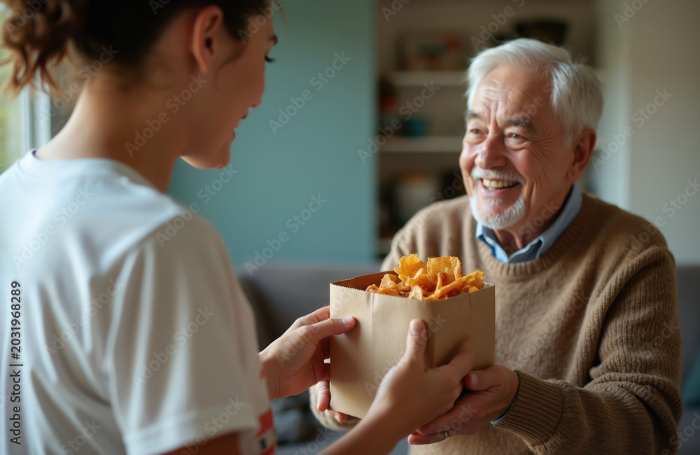 Photo Stock Young woman gives snack bag to smiling senior man at home ...