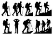 © Всеволод Юданов - Silhouettes of diverse hikers climbing with gear and equipment.