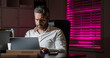 © be free - Bored exhausted manager using laptop having tight deadline. Exhausted employee. Business man exhausted on late office work. Overworked bored employee. Copy space banner