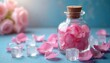© Maryna - Clear glass bottle full of pink rose petals and ice cubes. Scattered petals and ice on blue surface. Soft pink roses in background. Calm spa ambiance.