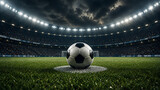 Hyper-realistic studio-style shot of a shining golden soccer ball on a stadium pitch. Premium quality image perfect for championship awards, luxury sports branding, and advertising.