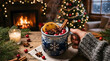 © Carolina Mejía A - Holding steaming mulled wine mug in cozy holiday setting