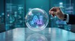 © lamin - Businessman holding needle near AI city bubble, concept of artificial intelligence risk, technology hype, market volatility and fragile digital innovation growth