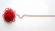 © MD - A tangled mess of red yarn or string on the left side that transitions into a single straight line extending to the right against a plain white background, representing complexity