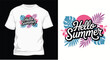 © Ak bindu - Hello summer tropical leaves and hibiscus flowers on white t shirt design with sun.