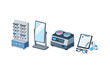 © Passatic - Optometry equipment display with glasses, mirror, and diagnostic tools