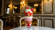 © Yatri - Luxurious strawberry parfait dessert with whipped cream and granola served in an elegant cafe setting.