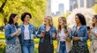 © Mstock - Diverse women friends laughing, outdoors, city park, casual fashion, smiling