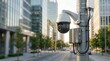 © Sofia - Modern security camera mounted on a city pole. CCTV surveillance system in a smart urban environment with office buildings. Public safety and monitoring technology