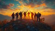 © Kaafin - Hikers celebrate sunset summit victory, mountain range backdrop; teamwork, achievement