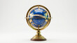 © Rafael - An armillary sphere with a blue globe featuring a white banner inscribed 'ORDEM E PROGRESSO' and gold stars, cradled by an intricate brass frame on a wooden base against white.