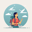 © santi - Woman hiker with backpack and trekking pole, birds and clouds in sky