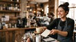 © Ethan - Friendly barista serving a fresh cup of coffee and a blank menu in cafe