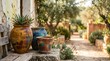 © Sovereign - Rustic clay pots with aloe plant on a stone bench in a sunny garden