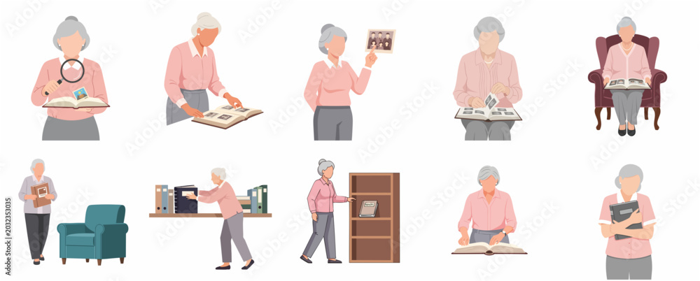 Set of illustrations featuring an elderly woman looking through family ...