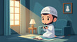 © Rezaa - Chibi style Muslim man with a beard wearing a white thobe and prayer cap sitting on a rug reading the Holy Quran inside a living room with window light, sofa, and a table lamp.