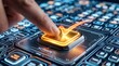 © Shariful - Finger pressing glowing orange activate button on futuristic keyboard with neon lights