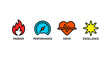 © shen - The flame, dashboard, heartbeat, and star icons represent the passionate power, high performance, driving force, and excellent quality concept of the product