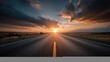 © Generative AI - Open Highway Leading Towards a Dramatic Sunset with Golden Hour Light and Clouds