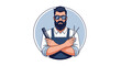 © Chandan - Professional barber with a thick beard and sunglasses posing with his tools including a comb and scissors inside a circular frame.